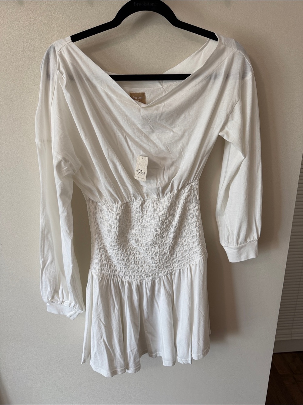 White Smocked Waist Long Sleeve Mini Dress